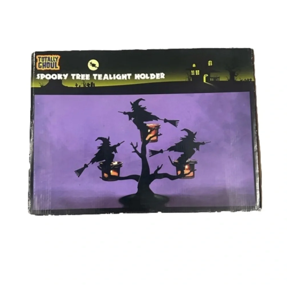 Vintage Halloween Tree 3 Tealight holder Black Metal Witch Orange Votive NOS Box